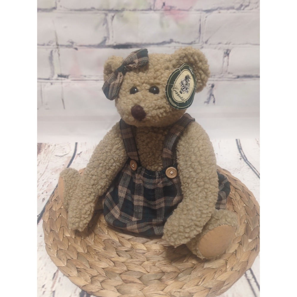 Geppeddo VTG 15‎ Inch Collectable Poseable Plush Bear With Green Tan Plaid Dress